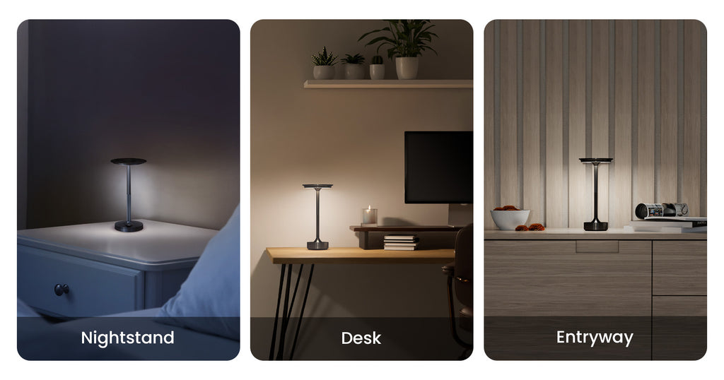 Feit Electric black table lamp use case examples including on a nightstand, desk, and entryway.