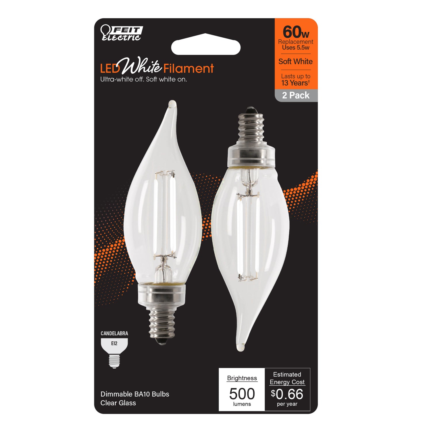 5.5W (60W Equivalent) Soft White (2700K) BA10 Shape (E12 Base) LED Flame Tip Exposed White Filament Bulb (2-Pack)