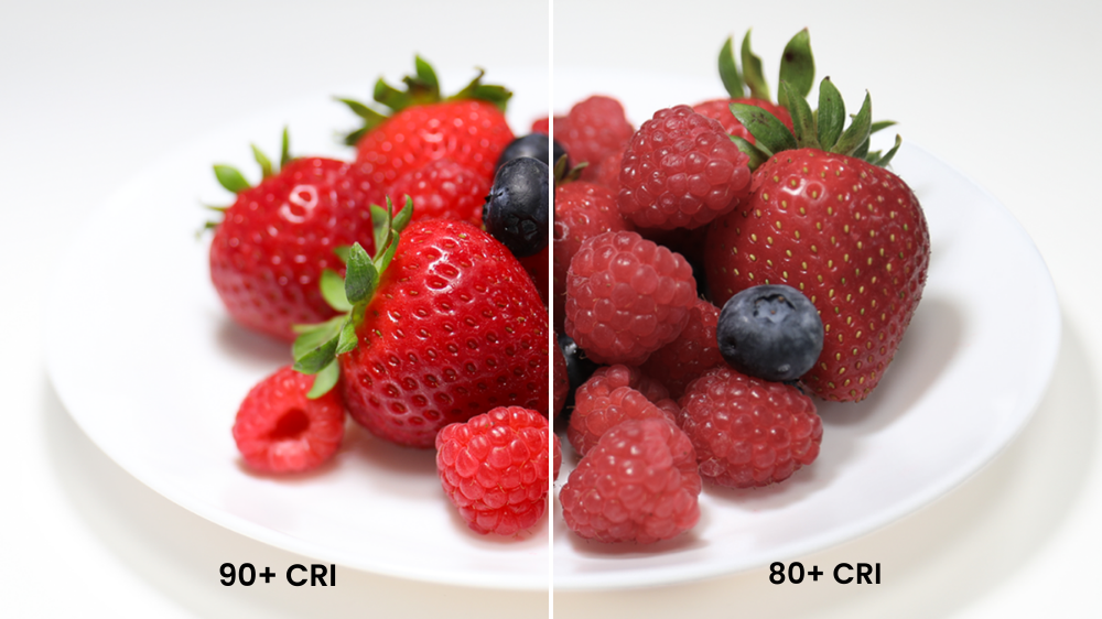 Berries on white bowl comparing high and low CRI.