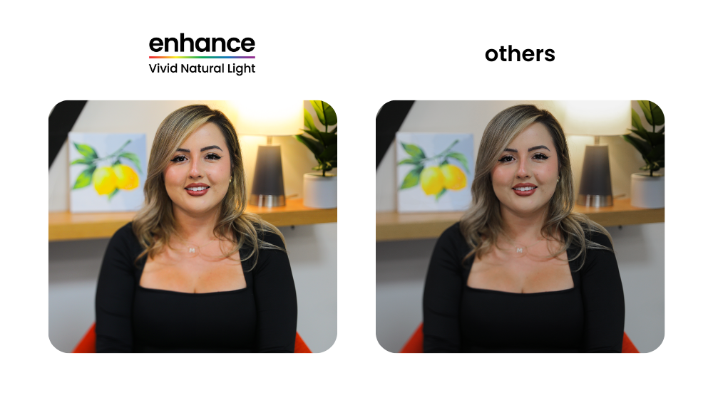 Portrait of young woman side by side comparing Feit Electric Enhance Vivid Natural Light Bulbs and others.