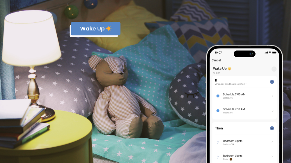 Boy's room with turned on lamp on nightstand.