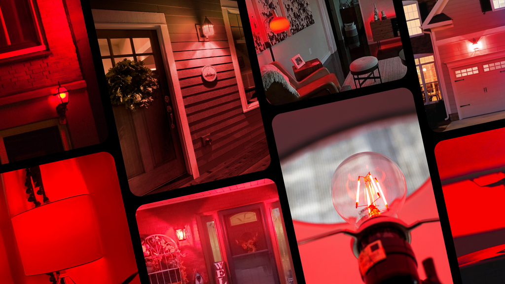 Collage of red light bulbs installed in various homes.