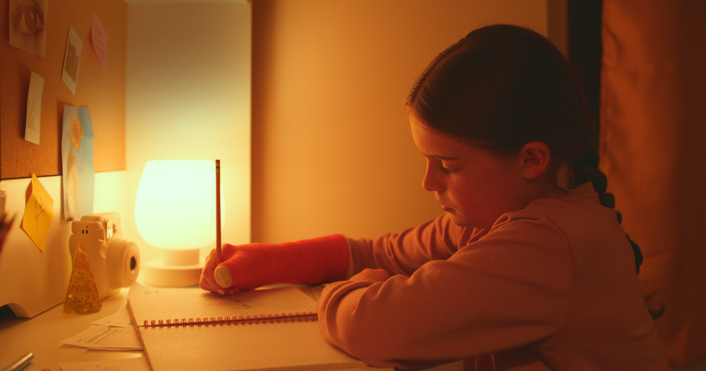 Little girl doing homework at her desk.