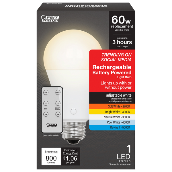 Hero shot of Feit Electric Rechargeable Battery Powered A21 LED Light Bulb packaging.